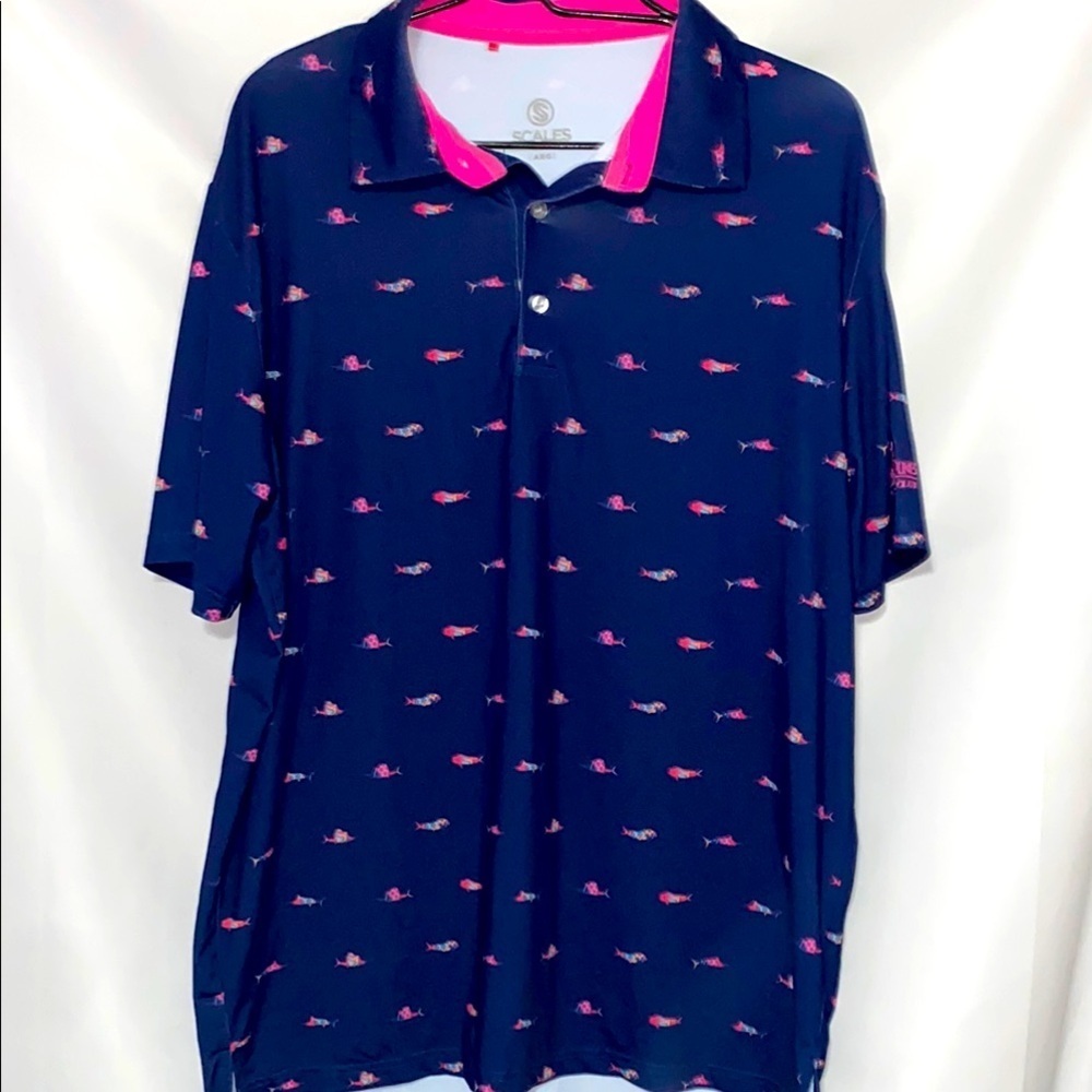 SCALES MENS SIZE LARGE GOLF POLO SHIRT BLUE MULTICOLOR‎ FISH DESIGN  LONGER BACK